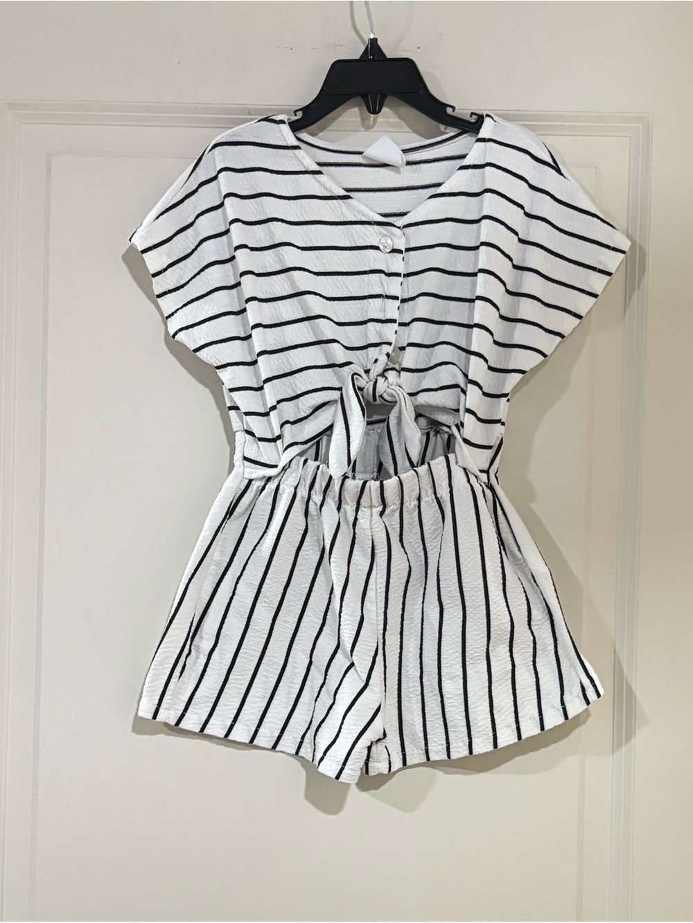 Zara White and Black Striped Kids One-Piece Romper with Front Tie